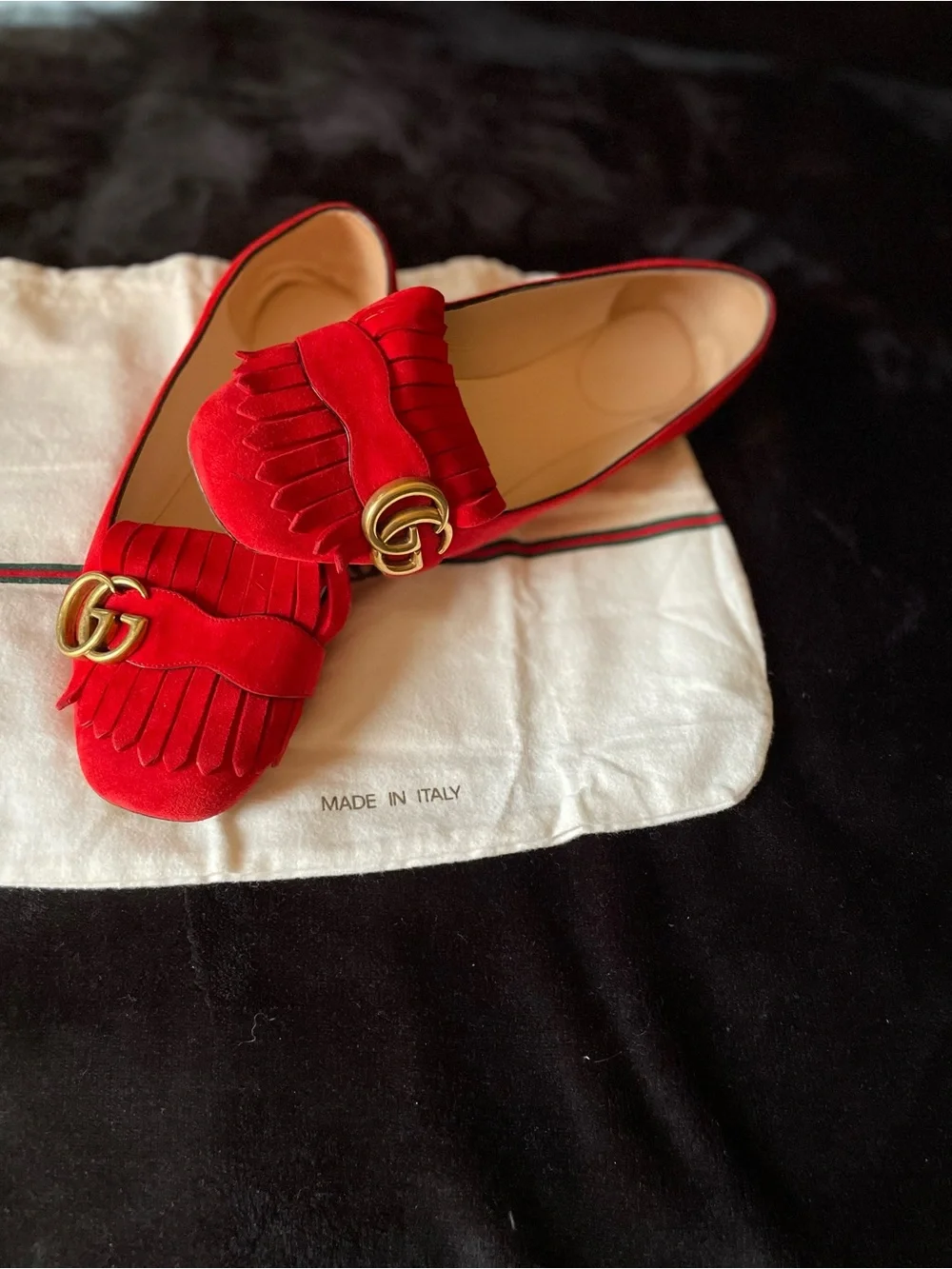 Authentic Gucci Red Suede Fringe GG Loafers for Women